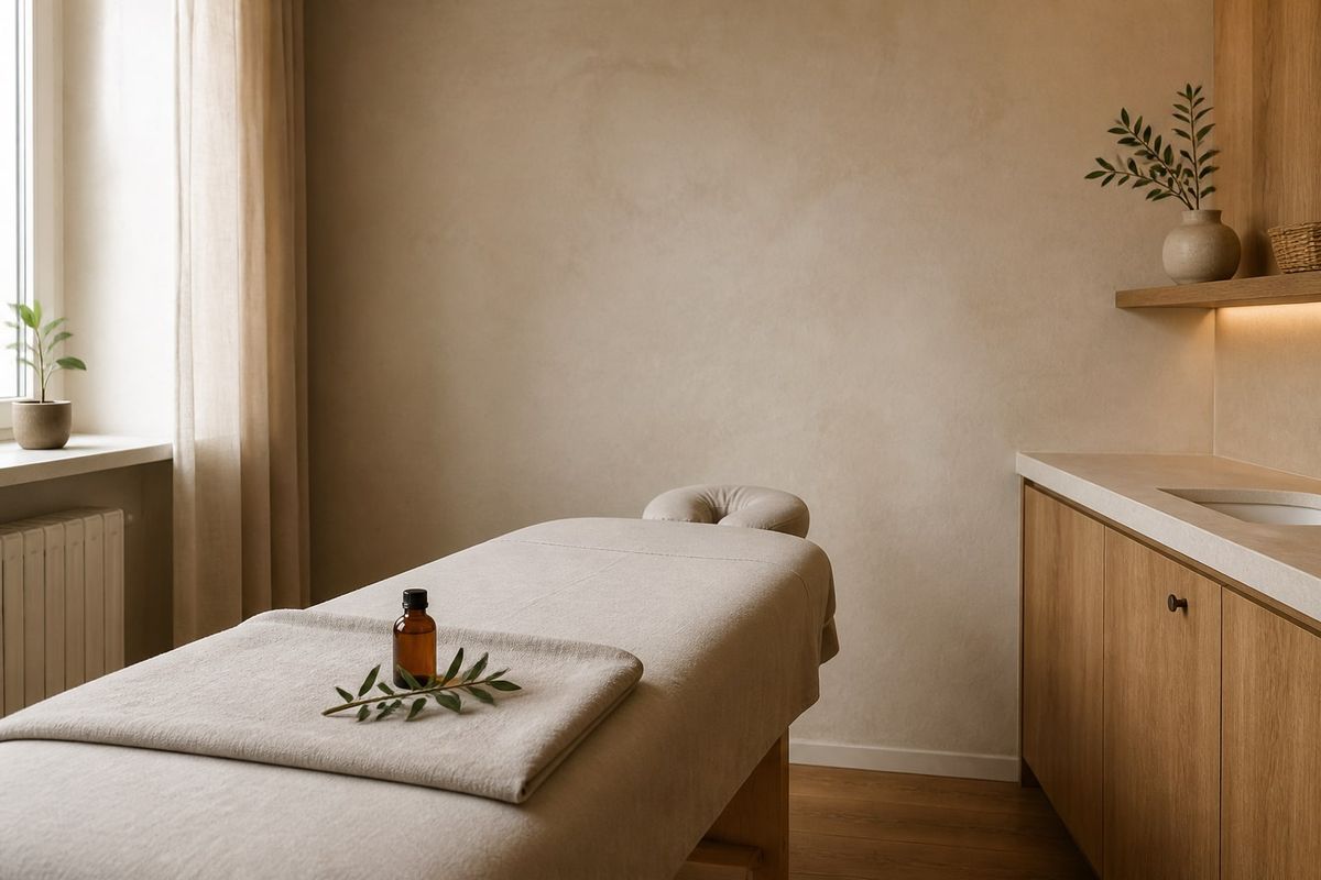 Gabinet masażu Pure Pleasure w Bielsku-Białej — stół do masażu i naturalne wnętrze